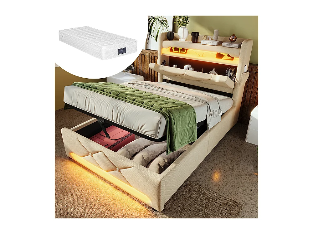 Hydraulisch bed 90x200cm, eenpersoonsbed, opbergruimte aan het hoofdeinde met USB- en Type C-aansluiting, linnen, beige, met matras