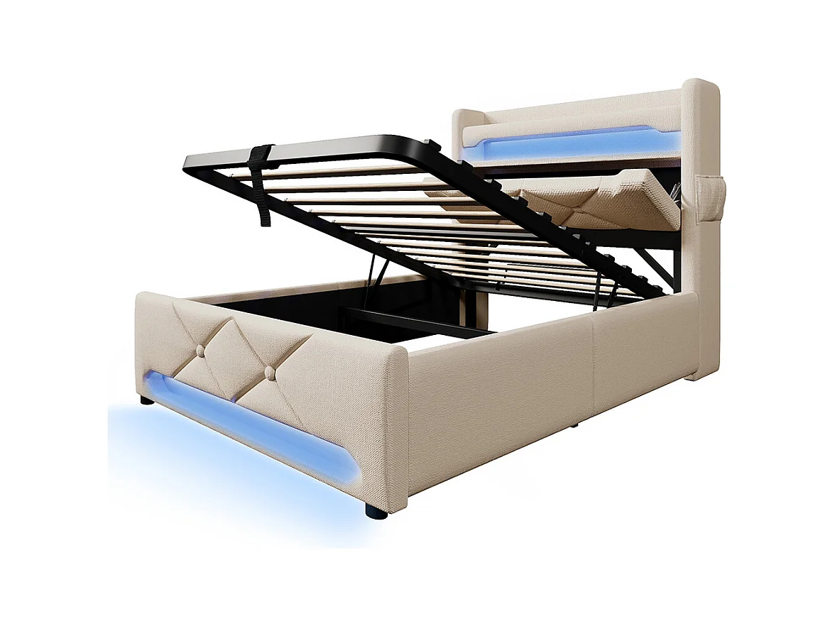 Hydraulisch bed 90x200cm, eenpersoonsbed, opbergruimte aan het hoofdeinde met USB- en Type C-aansluiting, linnen, beige, met matras