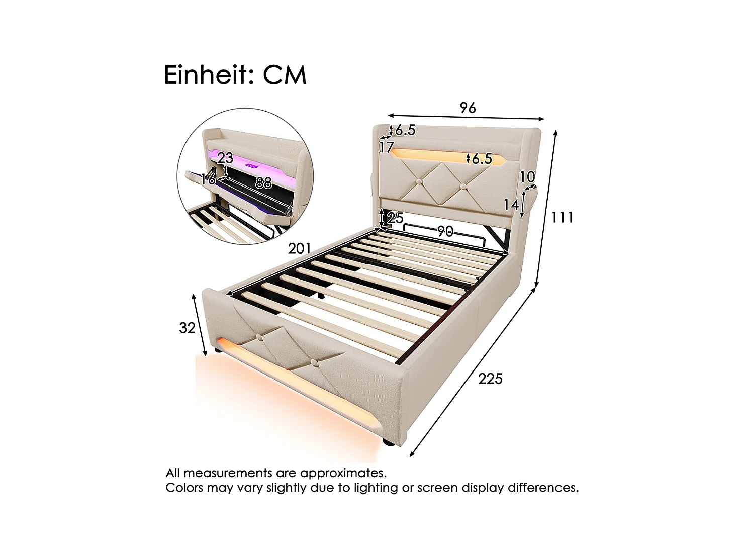 Hydraulisch bed 90x200cm, eenpersoonsbed, opbergruimte aan het hoofdeinde met USB- en Type C-aansluiting, linnen, beige, met matras