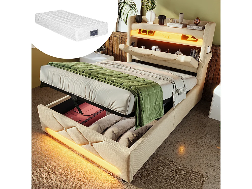 Hydraulisch bed 90x200cm, eenpersoonsbed, opbergruimte aan het hoofdeinde met USB- en Type C-aansluiting, linnen, beige, met matras