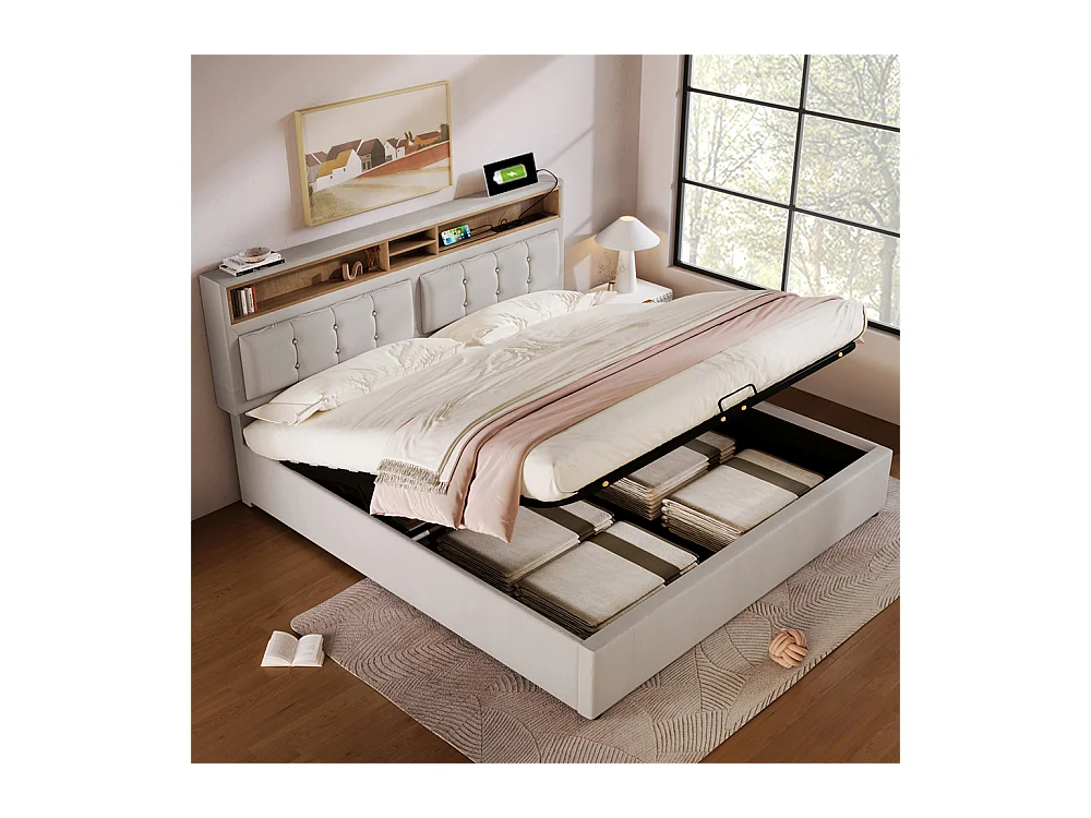 Lit rembourré 160x200cm, lit avec rangement, lit double avec fonction de recharge USB-C, tête de lit et sommier à lattes,lin,beige