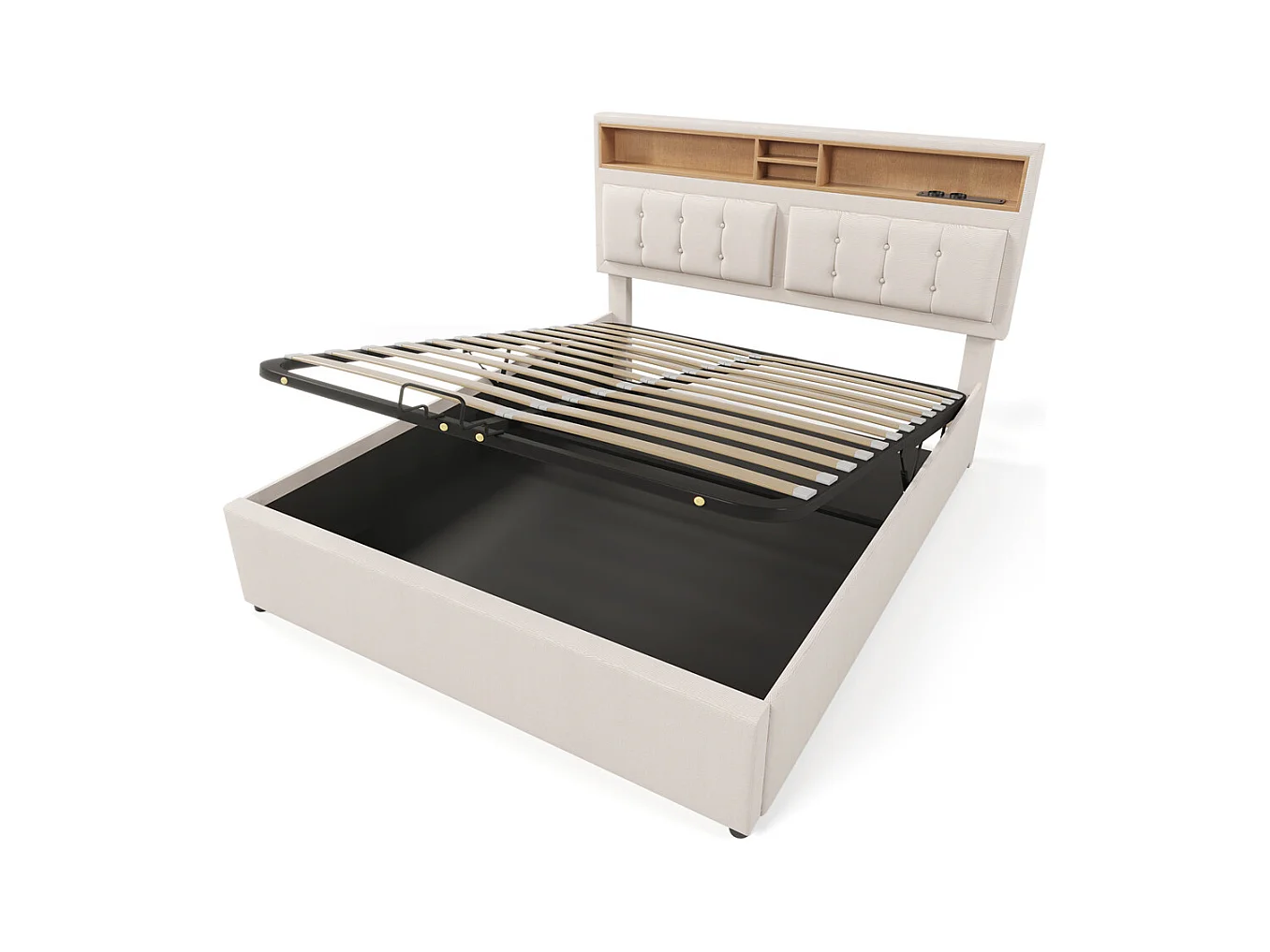 Lit rembourré 160x200cm, lit avec rangement, lit double avec fonction de recharge USB-C, tête de lit et sommier à lattes,lin,beige