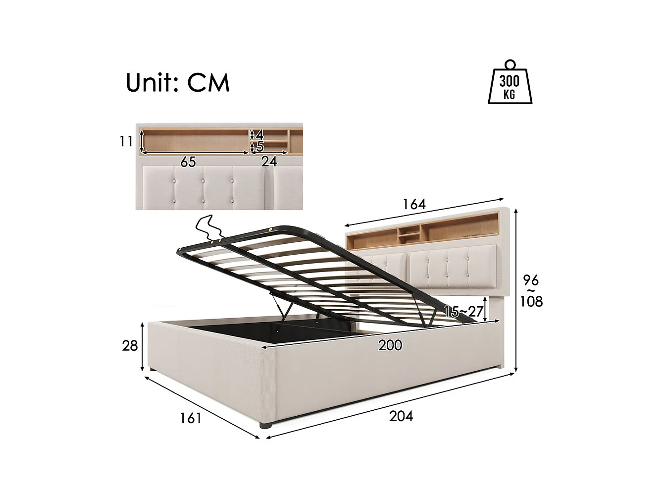 Lit rembourré 160x200cm, lit avec rangement, lit double avec fonction de recharge USB-C, tête de lit et sommier à lattes,lin,beige