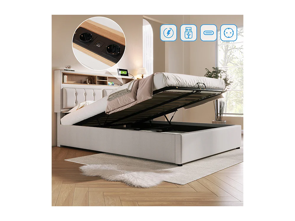 Gestoffeerd bed 160x200cm, bed met opbergruimte, tweepersoonsbed met USB-C oplaadfunctie, hoofdbord en lattenbodem, linnen, beige
