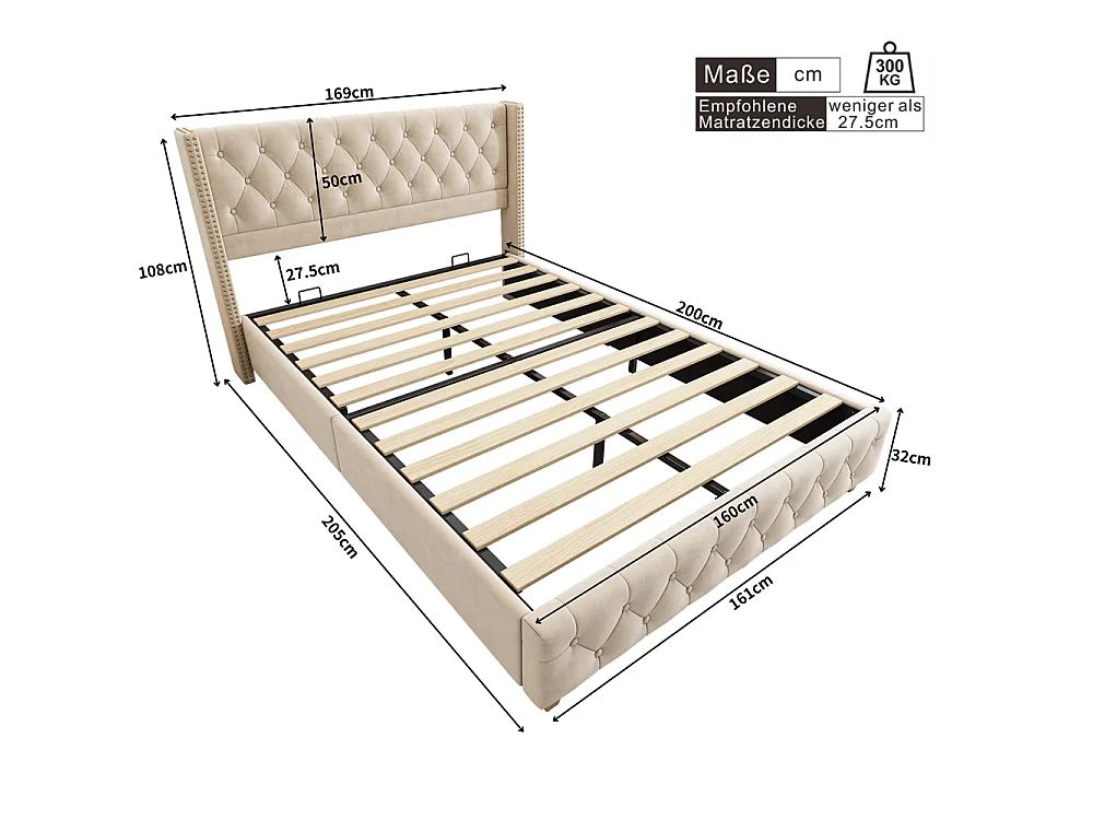 Lit adulte lit 160x200 cm lit rembourré lit rembourrage à rivets lit pieds en bois velours beige clair