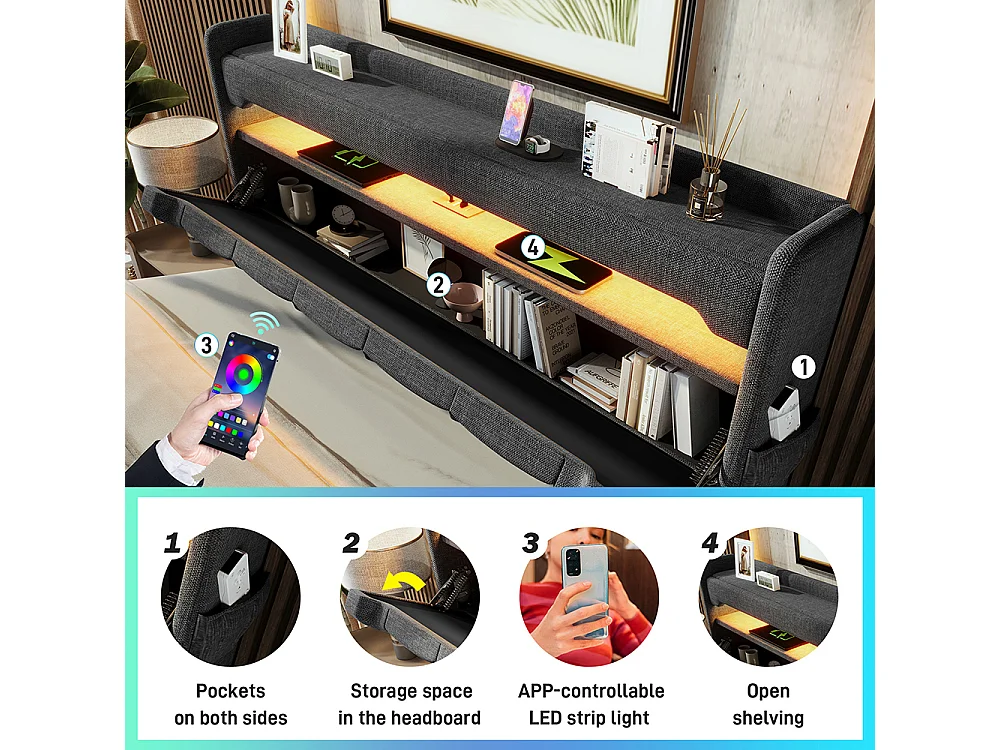 Hydraulisch gestoffeerd bed 160x200cm, tweepersoonsbed, hoofdeinde met opbergruimte, USB- en type C-aansluiting, linnen, grijs, zonder matras