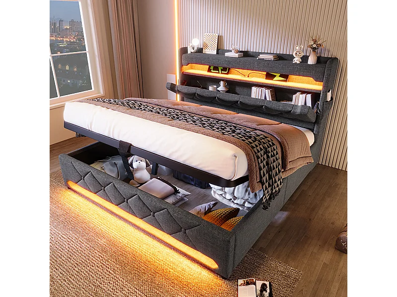 Hydraulisch gestoffeerd bed 160x200cm, tweepersoonsbed, hoofdeinde met opbergruimte, USB- en type C-aansluiting, linnen, grijs, zonder matras