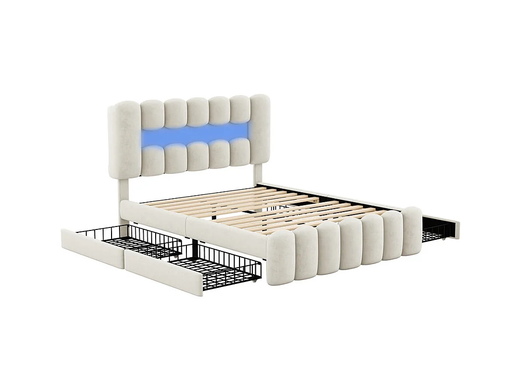 Lit adulte lit 160x200 cm lit rembourré avec barre lumineuse led lit 4 tiroirs avec usb et chaîne stéréo lit double velours beige
