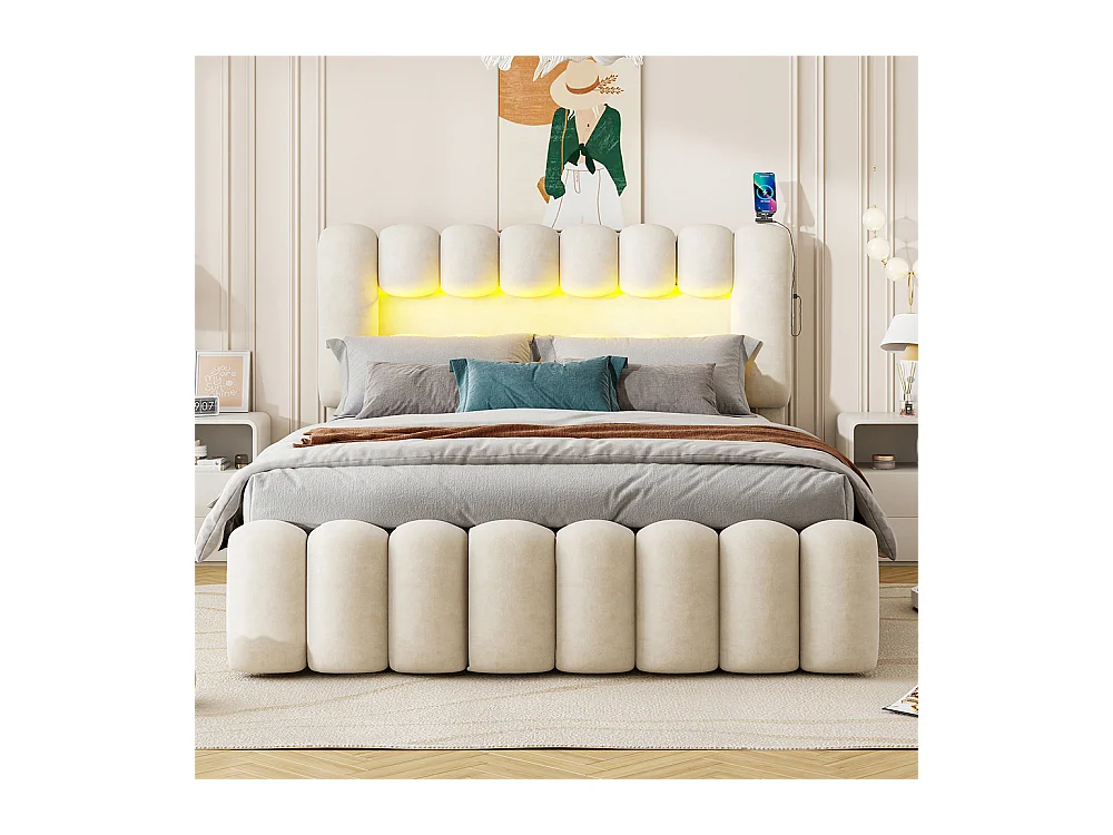 Lit adulte lit 160x200 cm lit rembourré avec barre lumineuse led lit 4 tiroirs avec usb et chaîne stéréo lit double velours beige