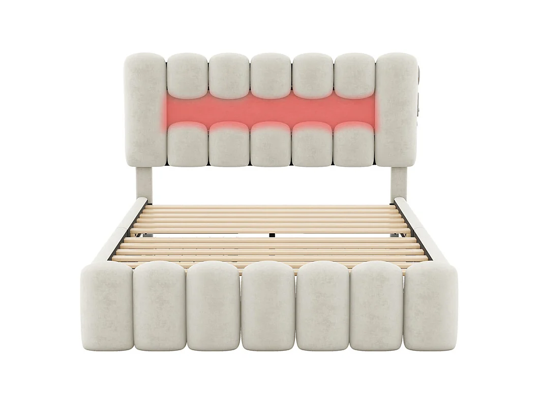 Lit adulte lit 160x200 cm lit rembourré avec barre lumineuse led lit 4 tiroirs avec usb et chaîne stéréo lit double velours beige