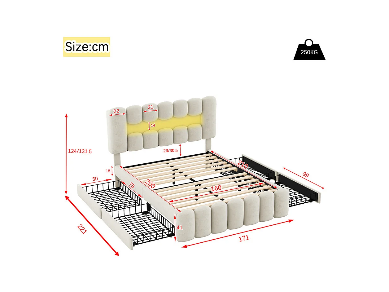 Lit adulte lit 160x200 cm lit rembourré avec barre lumineuse led lit 4 tiroirs avec usb et chaîne stéréo lit double velours beige