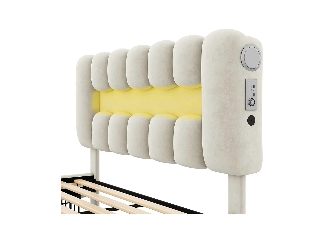 Lit adulte lit 160x200 cm lit rembourré avec barre lumineuse led lit 4 tiroirs avec usb et chaîne stéréo lit double velours beige