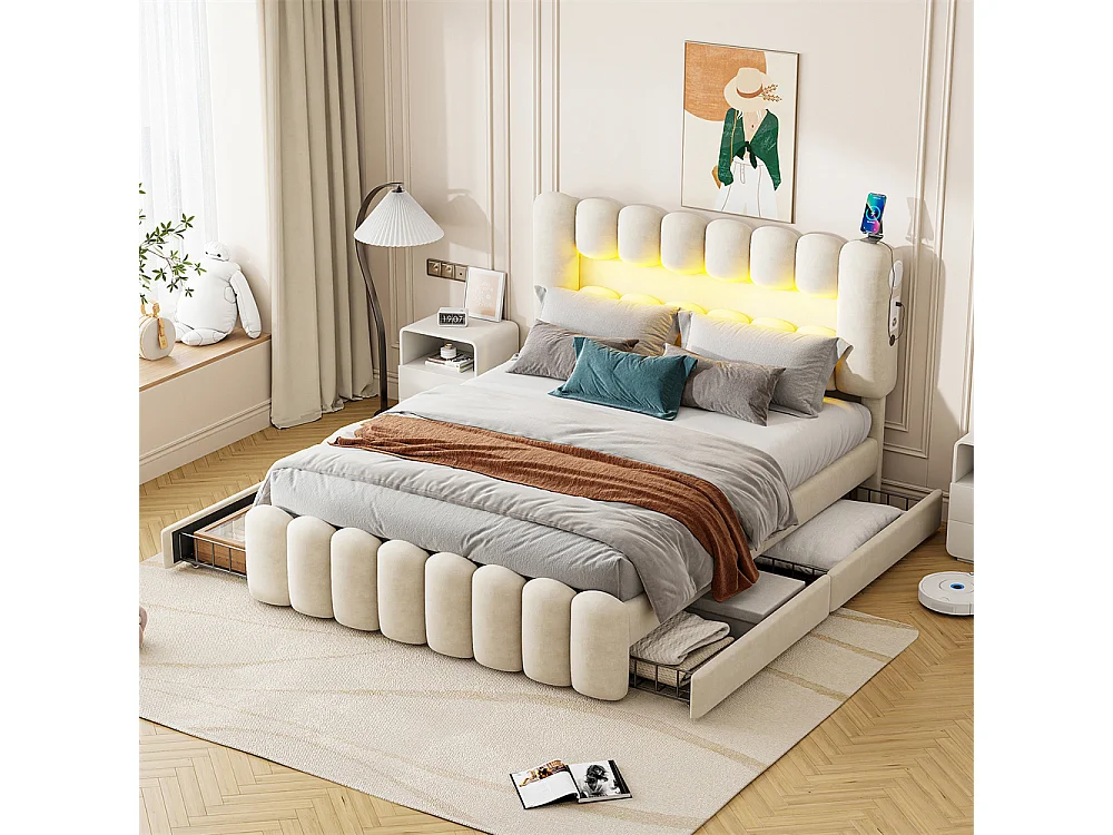 Lit adulte lit 160x200 cm lit rembourré avec barre lumineuse led lit 4 tiroirs avec usb et chaîne stéréo lit double velours beige