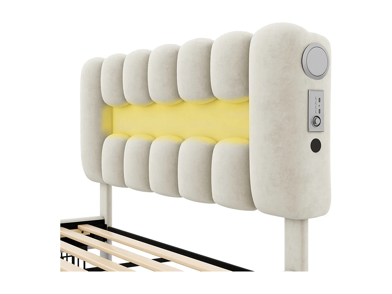 Lit adulte lit 160x200 cm lit rembourré avec barre lumineuse led lit 4 tiroirs avec usb et chaîne stéréo lit double velours beige