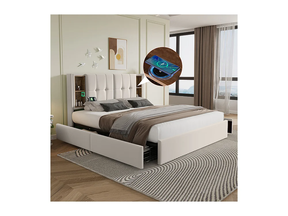 Gestoffeerd bed 160x200 cm houten lattenbodem bed draadloos opladen usb c bed 4 laden tweepersoonsbed beige fluweel