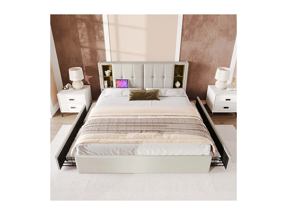 Gestoffeerd bed 160x200 cm houten lattenbodem bed draadloos opladen usb c bed 4 laden tweepersoonsbed beige fluweel