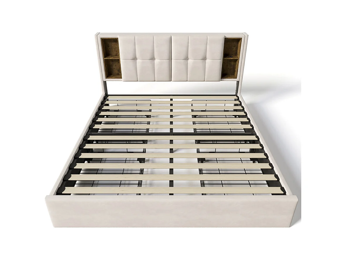 Gestoffeerd bed 160x200 cm houten lattenbodem bed draadloos opladen usb c bed 4 laden tweepersoonsbed beige fluweel