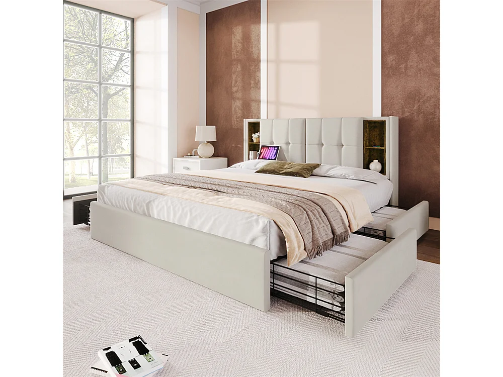 Gestoffeerd bed 160x200 cm houten lattenbodem bed draadloos opladen usb c bed 4 laden tweepersoonsbed beige fluweel