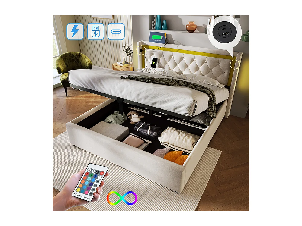 Volwassen bed 140x200 cm bed gestoffeerd bed opbergbed houten lattenbodem tweepersoonsbed beige katoen