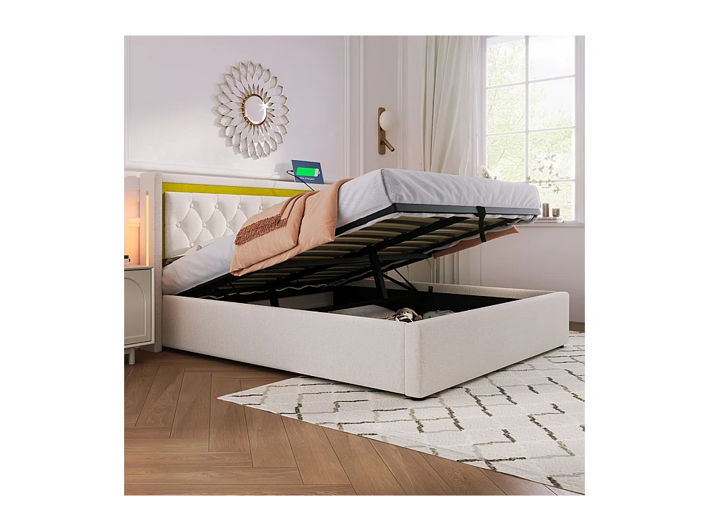 Volwassen bed 140x200 cm bed gestoffeerd bed opbergbed houten lattenbodem tweepersoonsbed beige katoen