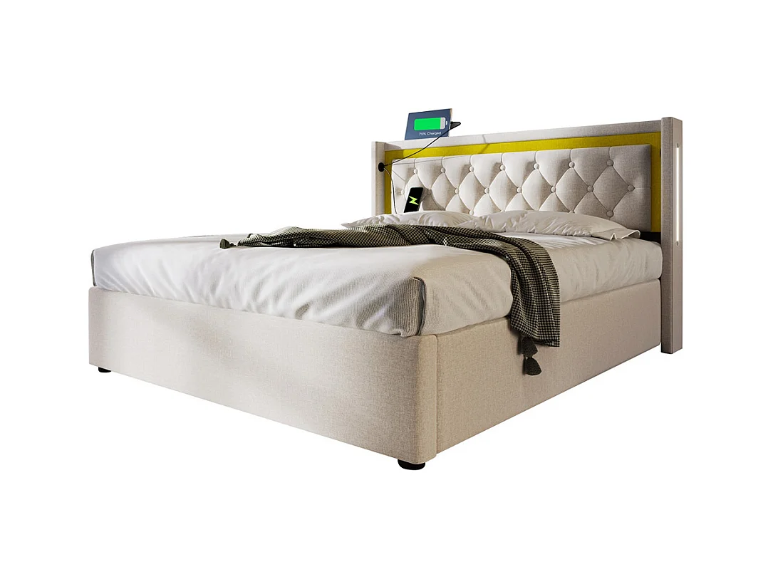 Volwassen bed 140x200 cm bed gestoffeerd bed opbergbed houten lattenbodem tweepersoonsbed beige katoen