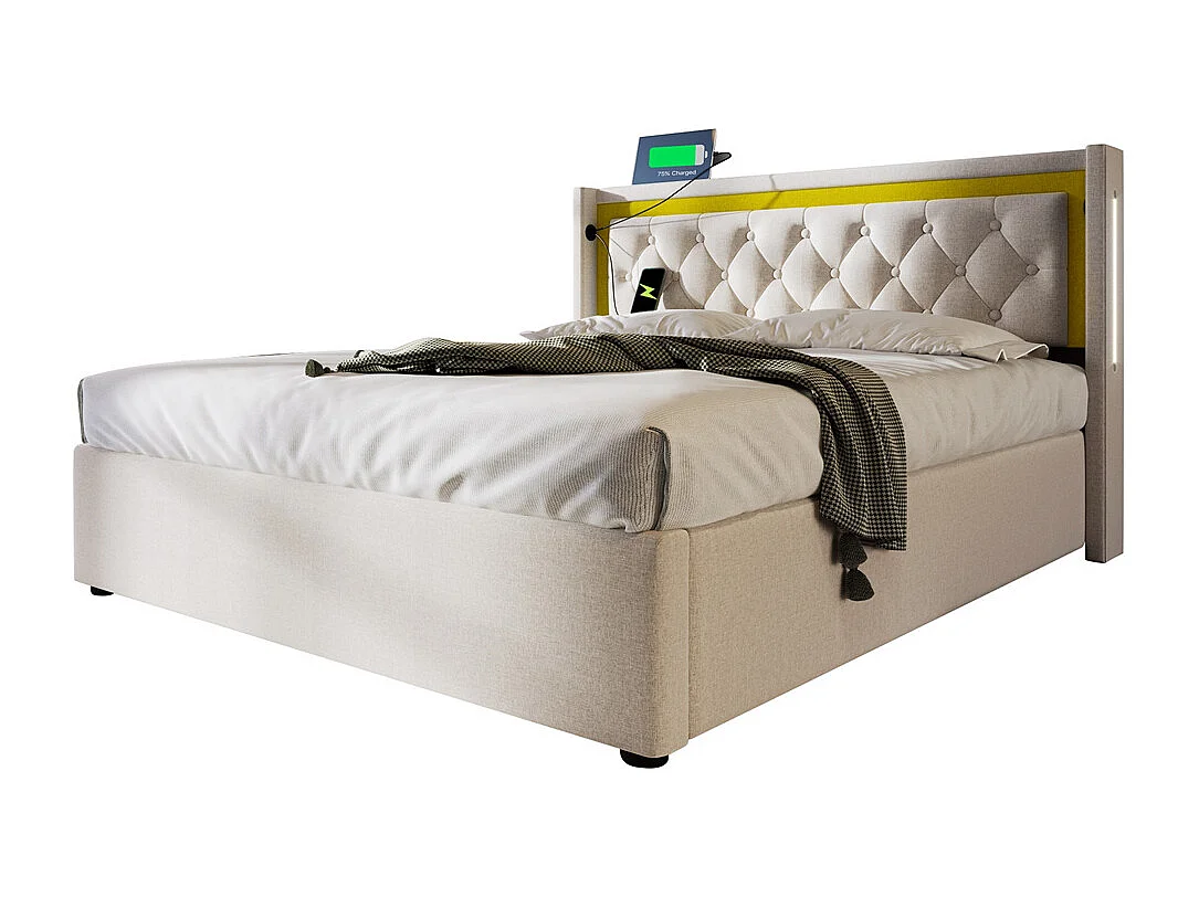 Volwassen bed 140x200 cm bed gestoffeerd bed opbergbed houten lattenbodem tweepersoonsbed beige katoen