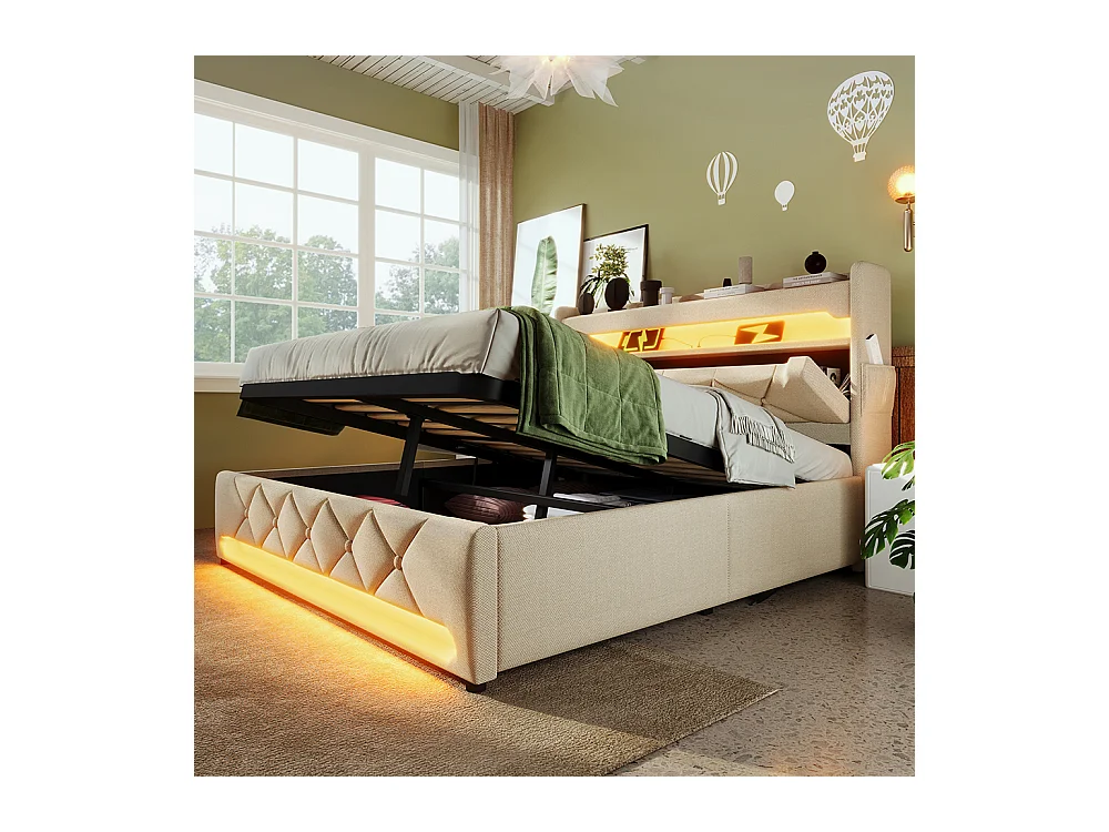 Hydraulisch gestoffeerd bed 140x200cm, tweepersoonsbed, opbergruimte aan het hoofdeinde met USB- en Type C-aansluiting, linnen, beige