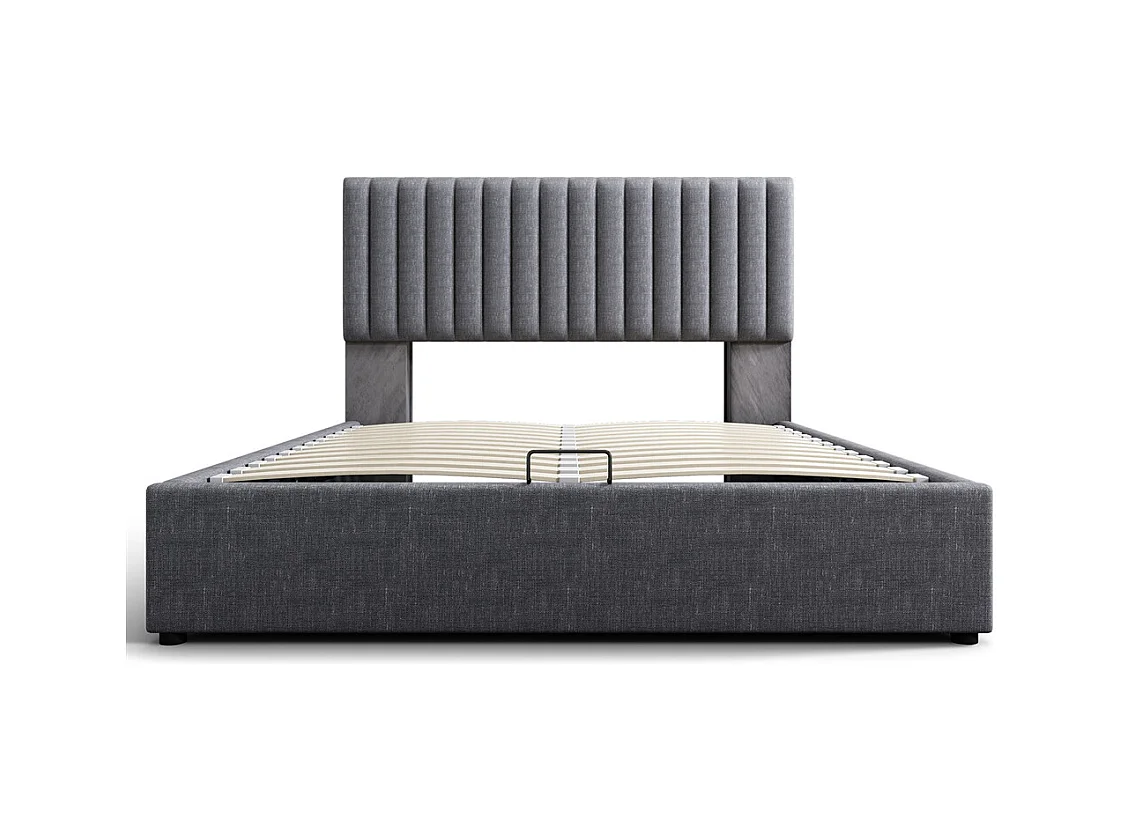 Gestoffeerd bed 160x200 cm opbergbed met usb type c oplaadfunctie houten lattenbodem tweepersoonsbed grijs linnen