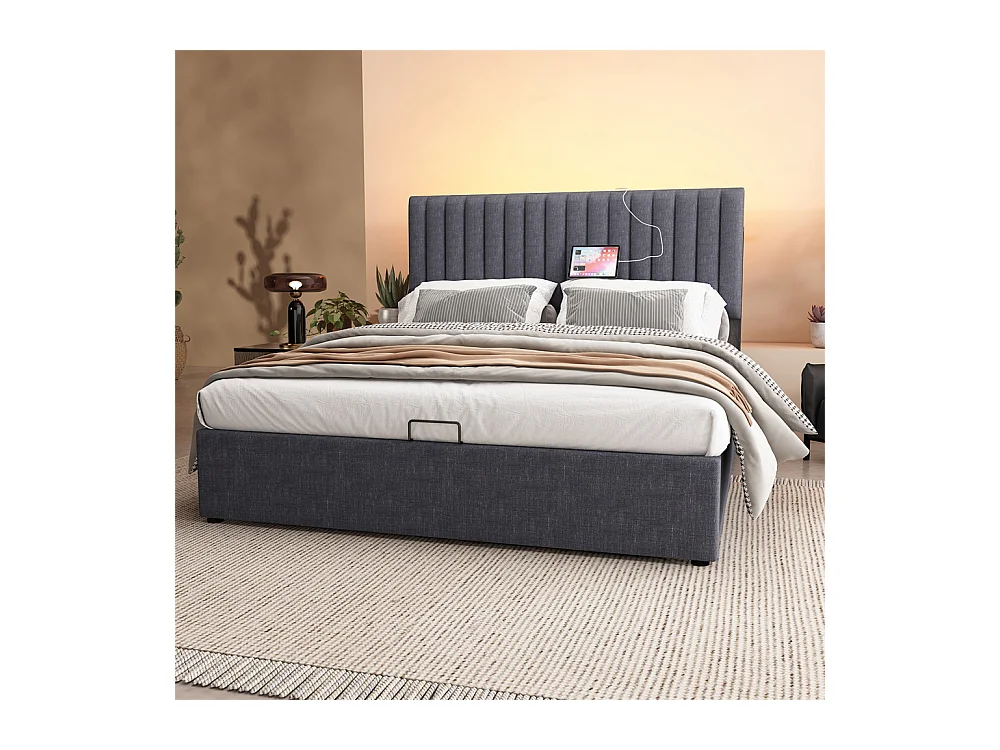 Gestoffeerd bed 160x200 cm opbergbed met usb type c oplaadfunctie houten lattenbodem tweepersoonsbed grijs linnen