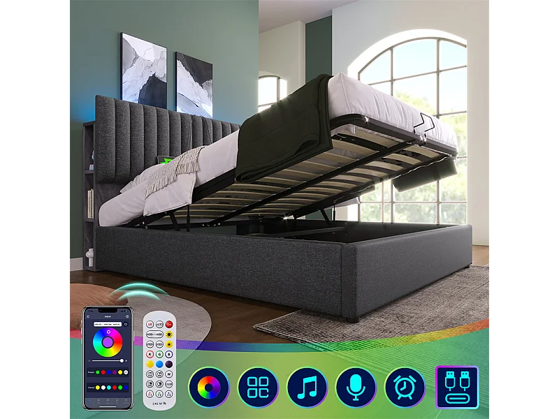 Gestoffeerd bed 160x200 cm opbergbed met usb type c oplaadfunctie houten lattenbodem tweepersoonsbed grijs linnen