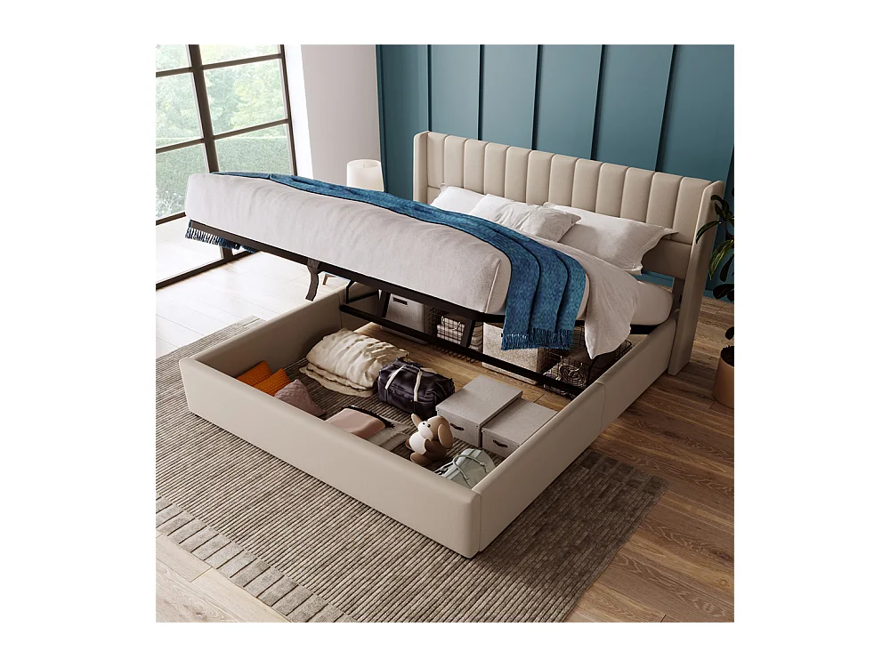 Hydraulisch gestoffeerd bed met opbergruimte 180x200 cm metalen bed houten lattenbodem tweepersoonsbed beige linnen
