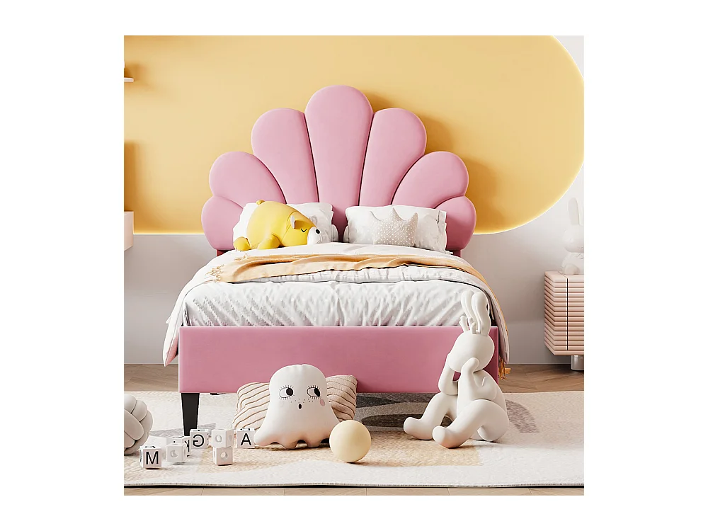 Gestoffeerd kinderbed 90x200 cm, bedframe met bloemvormig hoofdbord en lattenbodem, fluwelen stof, roze