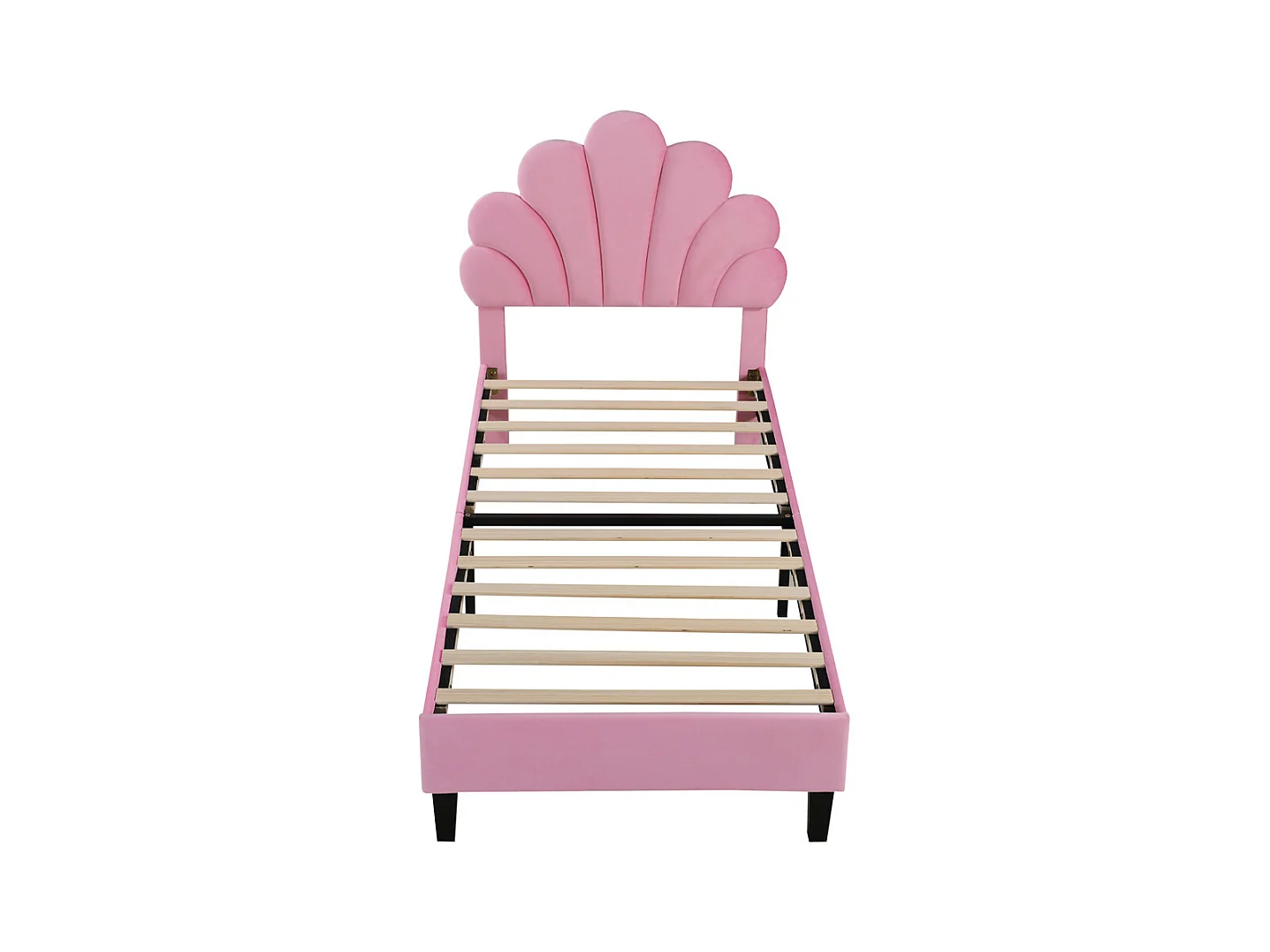 Gestoffeerd kinderbed 90x200 cm, bedframe met bloemvormig hoofdbord en lattenbodem, fluwelen stof, roze