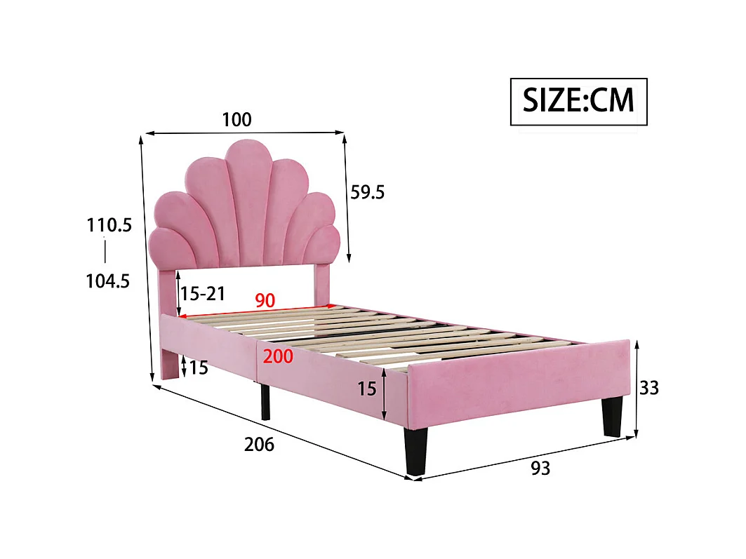 Gestoffeerd kinderbed 90x200 cm, bedframe met bloemvormig hoofdbord en lattenbodem, fluwelen stof, roze