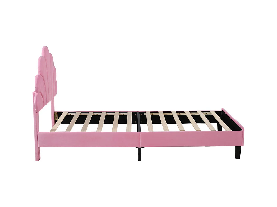 Gestoffeerd kinderbed 90x200 cm, bedframe met bloemvormig hoofdbord en lattenbodem, fluwelen stof, roze