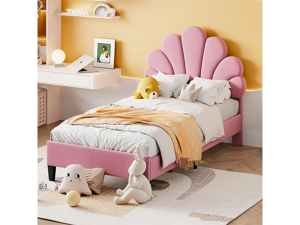 Gestoffeerd kinderbed 90x200 cm, bedframe met bloemvormig hoofdbord en lattenbodem, fluwelen stof, roze