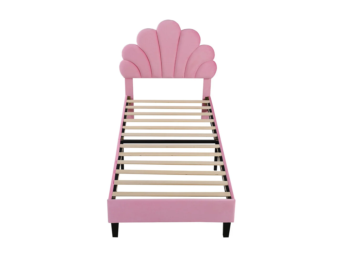 Gestoffeerd kinderbed 90x200 cm, bedframe met bloemvormig hoofdbord en lattenbodem, fluwelen stof, roze