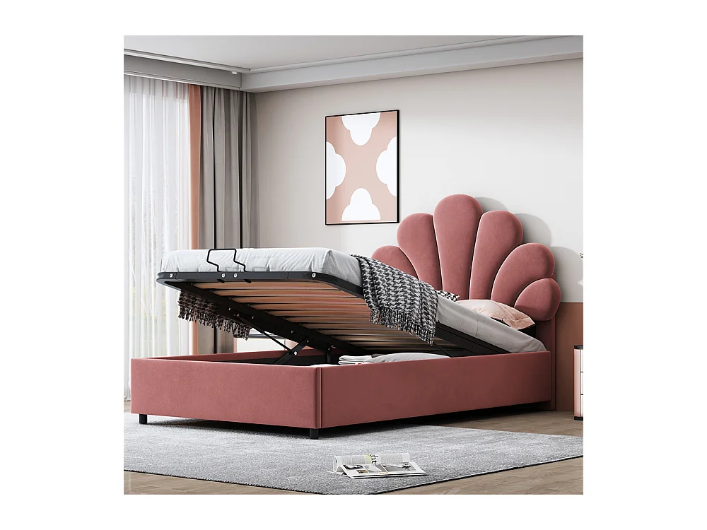 Volwassen bed opbergbed 90x200 cm opbergbed hydraulisch gestoffeerd bedframe bed met lattenbodem Eenpersoons roze fluweel