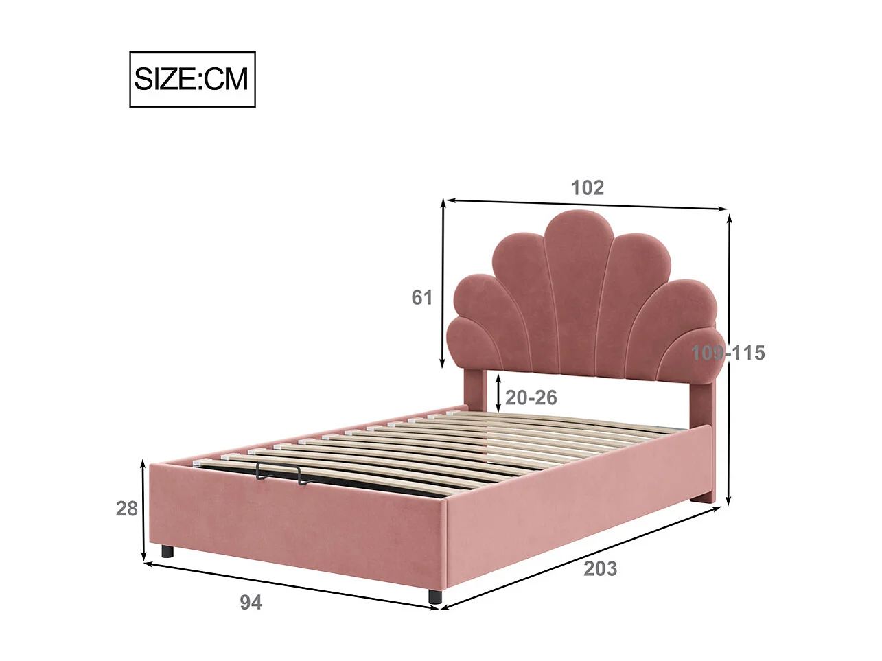 Volwassen bed opbergbed 90x200 cm opbergbed hydraulisch gestoffeerd bedframe bed met lattenbodem Eenpersoons roze fluweel