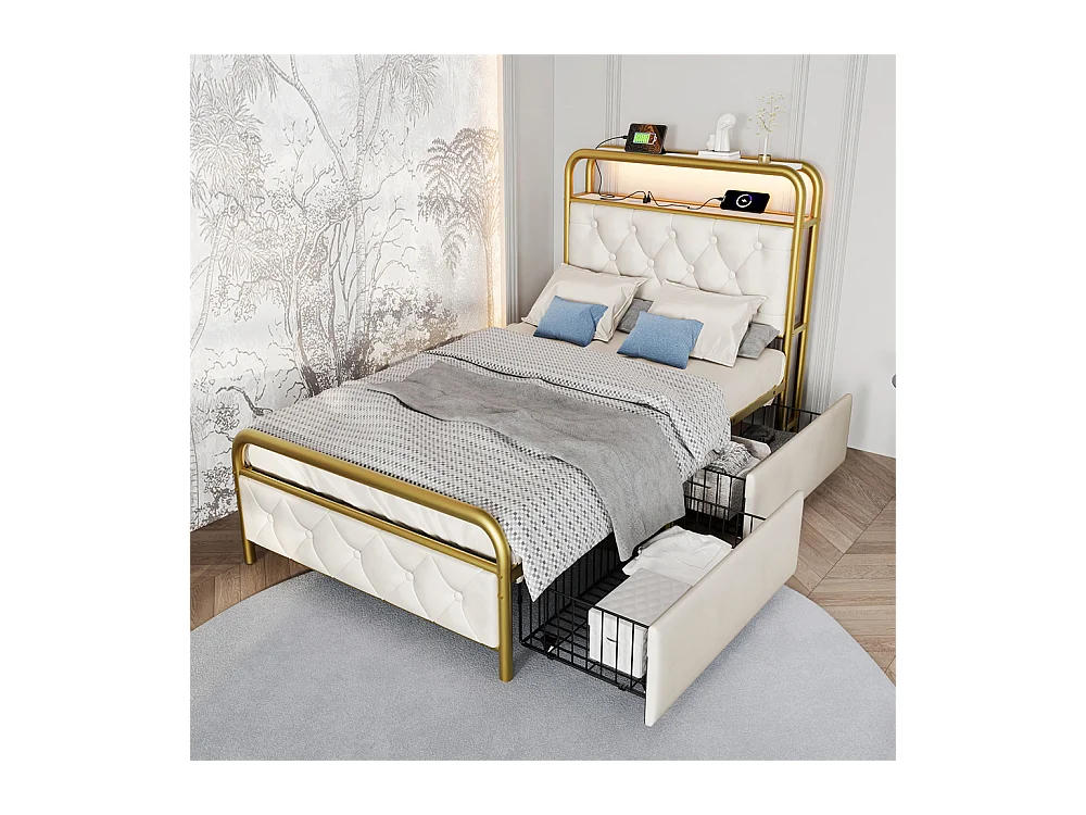 Volwassen bed 90x200 cm gestoffeerd bed met 2 lades Eenpersoonsbed wit fluweel