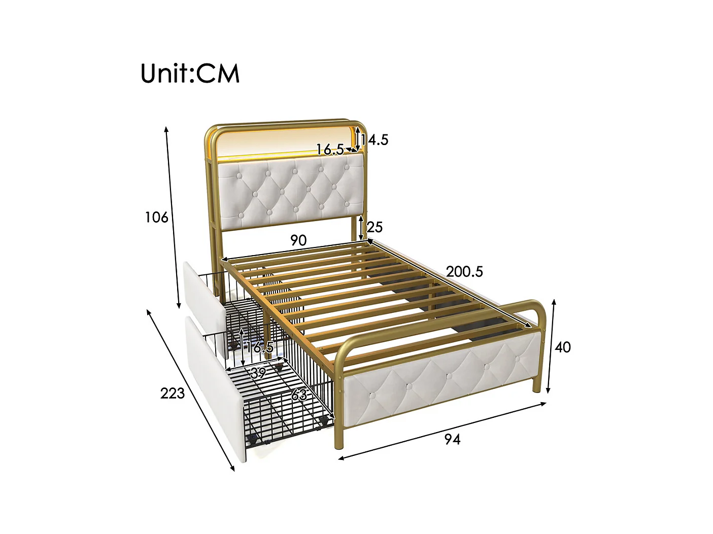 Volwassen bed 90x200 cm gestoffeerd bed met 2 lades Eenpersoonsbed wit fluweel