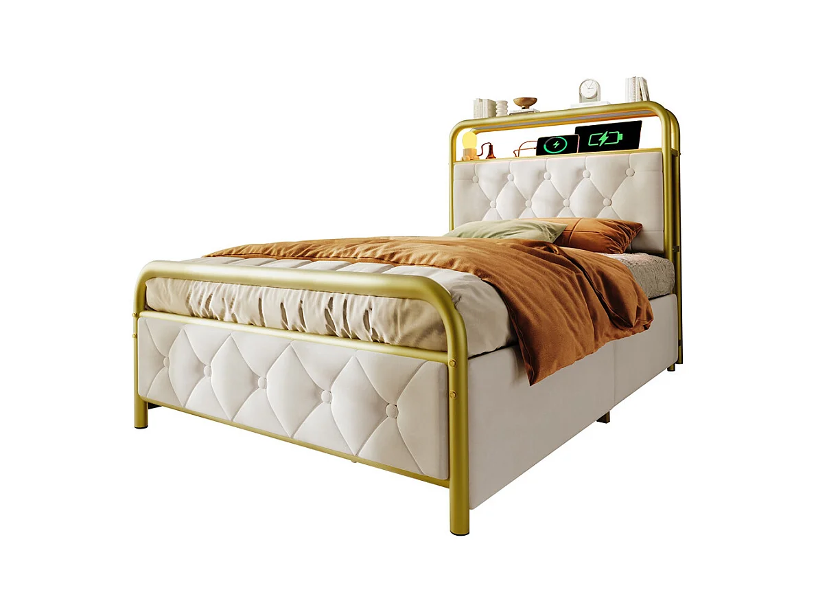 Volwassen bed 90x200 cm gestoffeerd bed met 2 lades Eenpersoonsbed wit fluweel