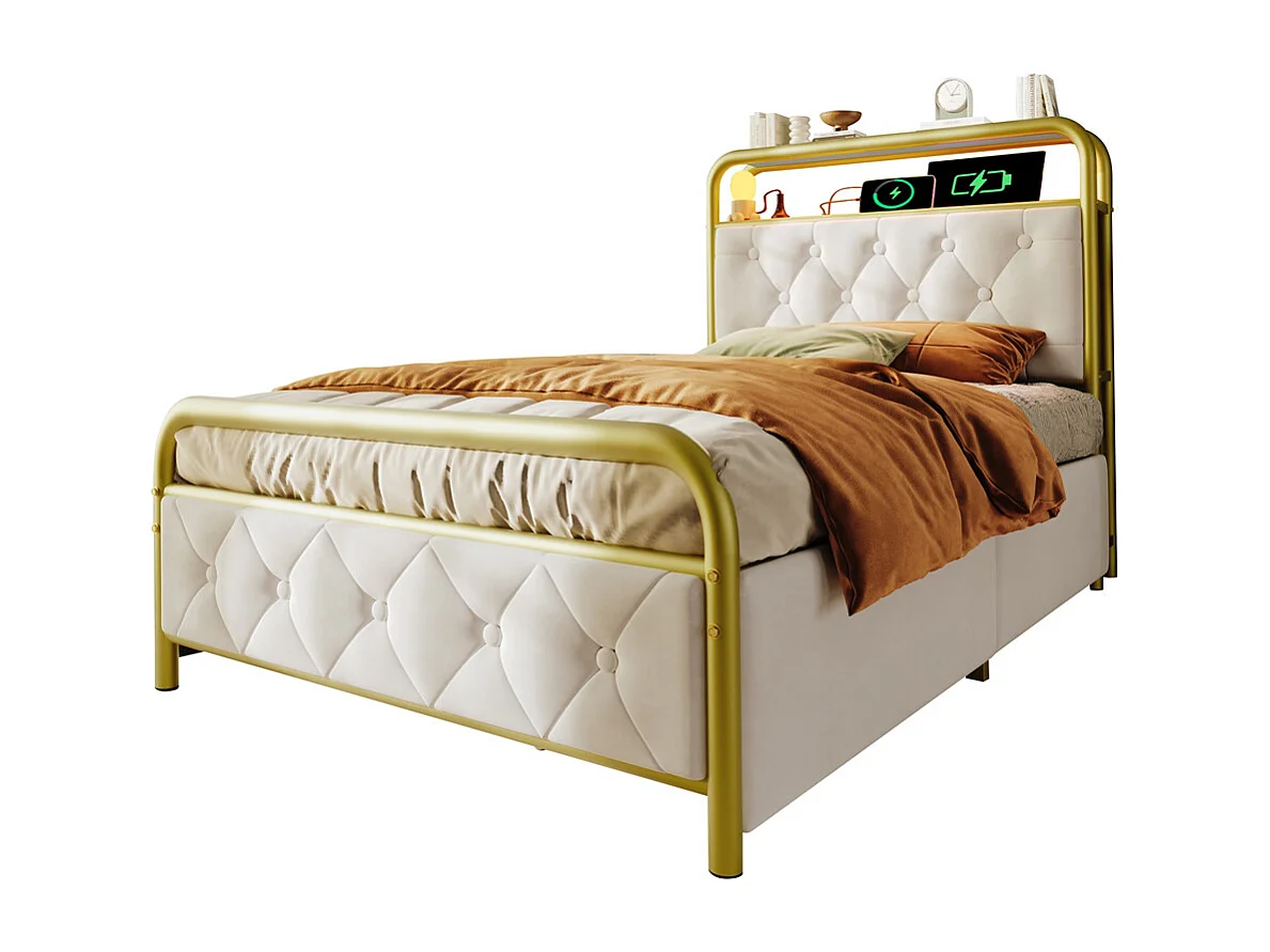 Volwassen bed 90x200 cm gestoffeerd bed met 2 lades Eenpersoonsbed wit fluweel