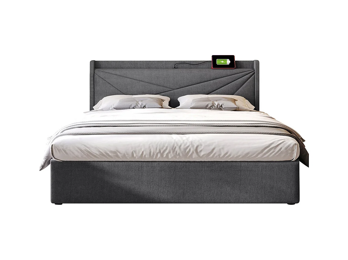 Gestoffeerd bed met opbergruimte 160x200 cm opbergbed hoofdeinde met usb type c oplaadfunctie tweepersoonsbed katoen linnen grijs