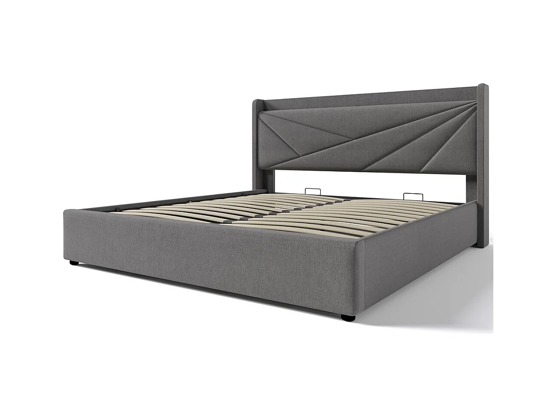 Gestoffeerd bed met opbergruimte 160x200 cm opbergbed hoofdeinde met usb type c oplaadfunctie tweepersoonsbed katoen linnen grijs