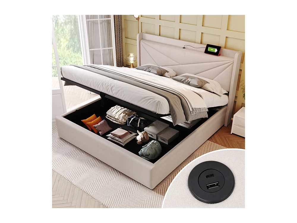 Gestoffeerd bed met opbergruimte 160x200 cm opbergbed hoofdeinde met usb type c oplaadfunctie tweepersoonsbed katoen linnen grijs