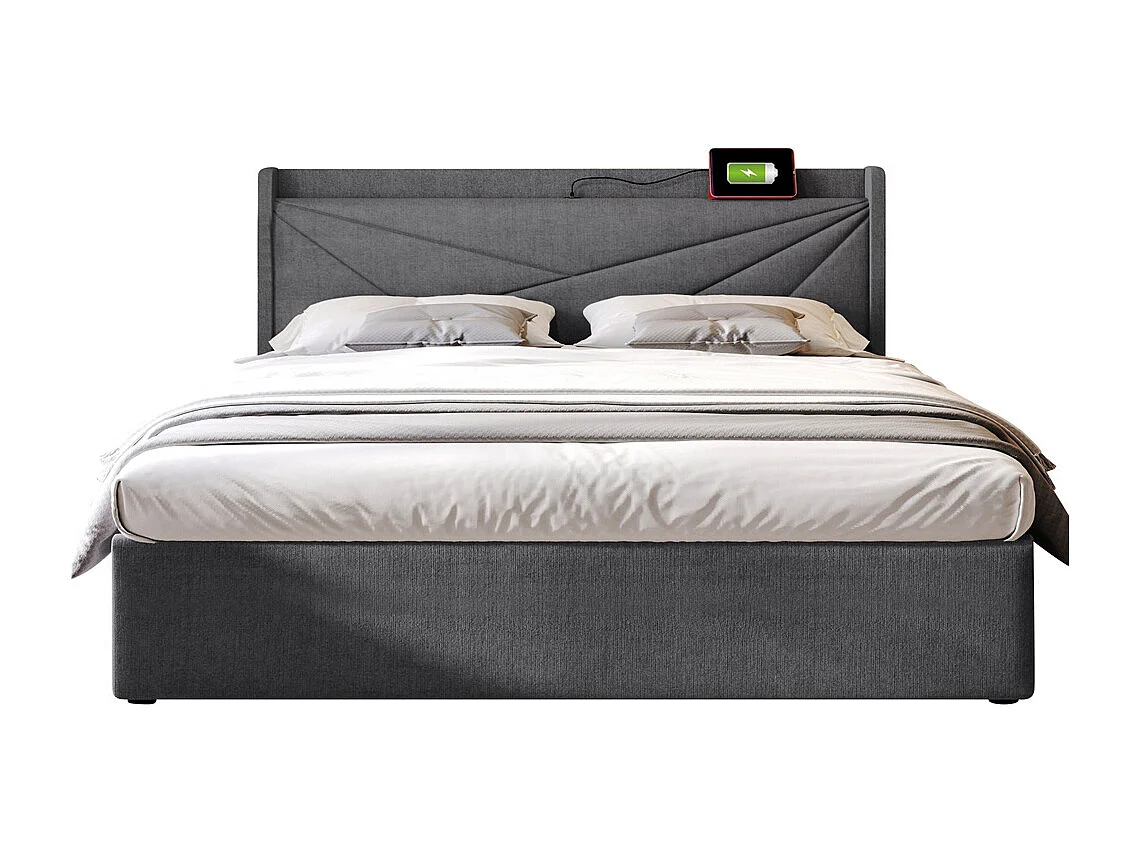 Gestoffeerd bed met opbergruimte 160x200 cm opbergbed hoofdeinde met usb type c oplaadfunctie tweepersoonsbed katoen linnen grijs