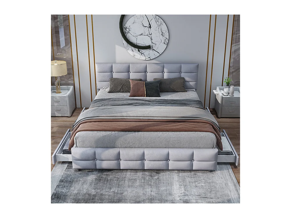 Volwassen bed 180x200 cm gestoffeerd bed 4 laden bed lattenbodem tweepersoonsbed grijs fluweel