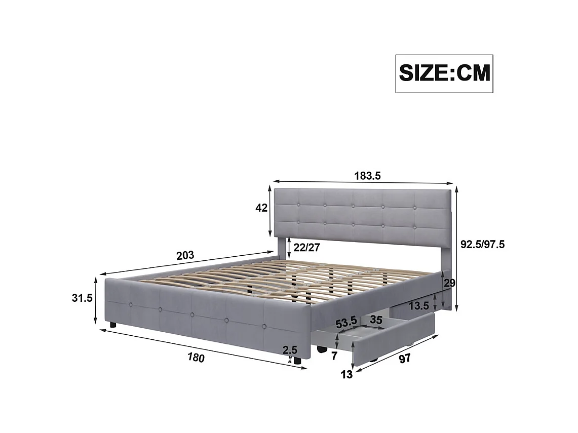 Volwassen bed 180x200 cm gestoffeerd bed 4 laden bed lattenbodem tweepersoonsbed grijs fluweel