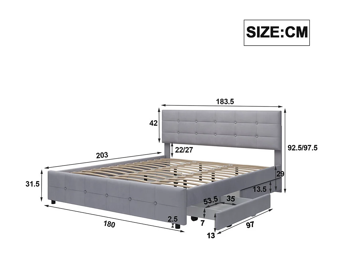 Volwassen bed 180x200 cm gestoffeerd bed 4 laden bed lattenbodem tweepersoonsbed grijs fluweel